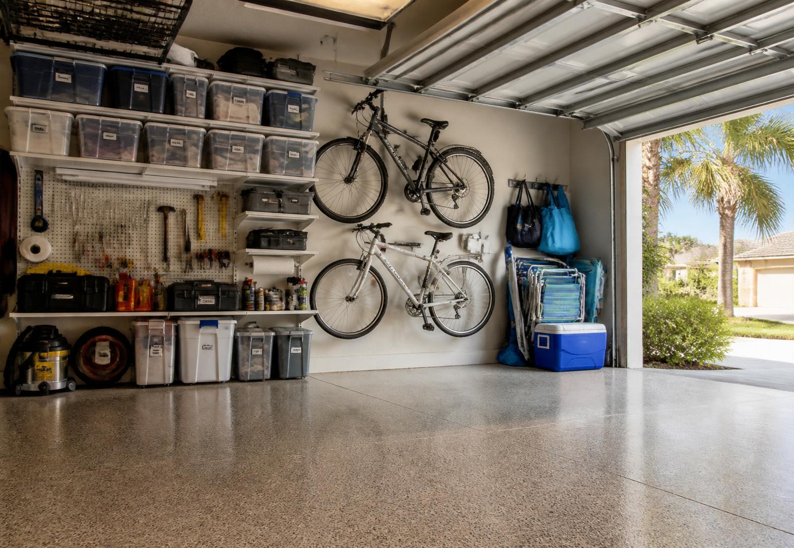 Clean and organized two-car residential garage in Naples with labeled bins and hung bicycles